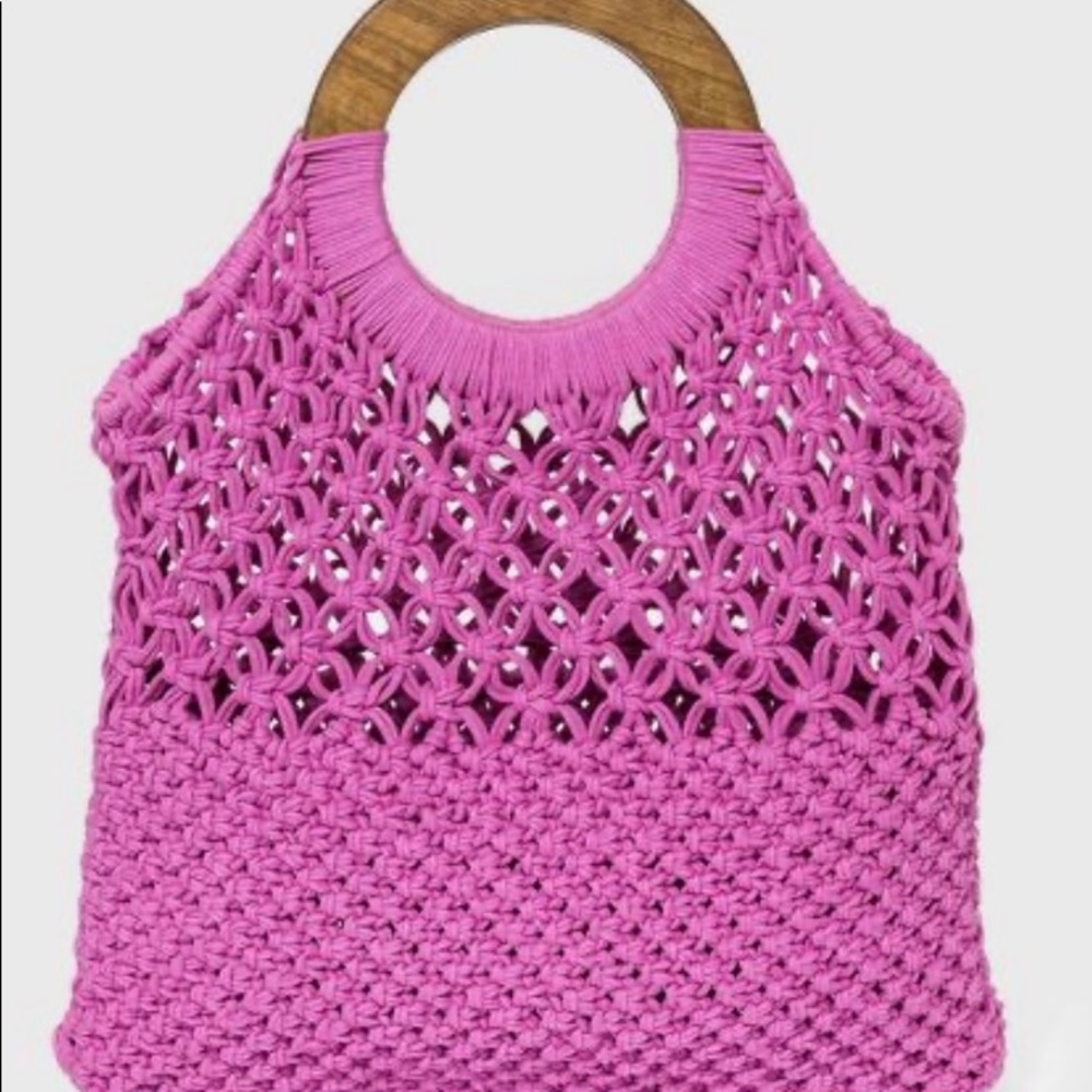a new day Pink Crochet Tote with Wooden Handles